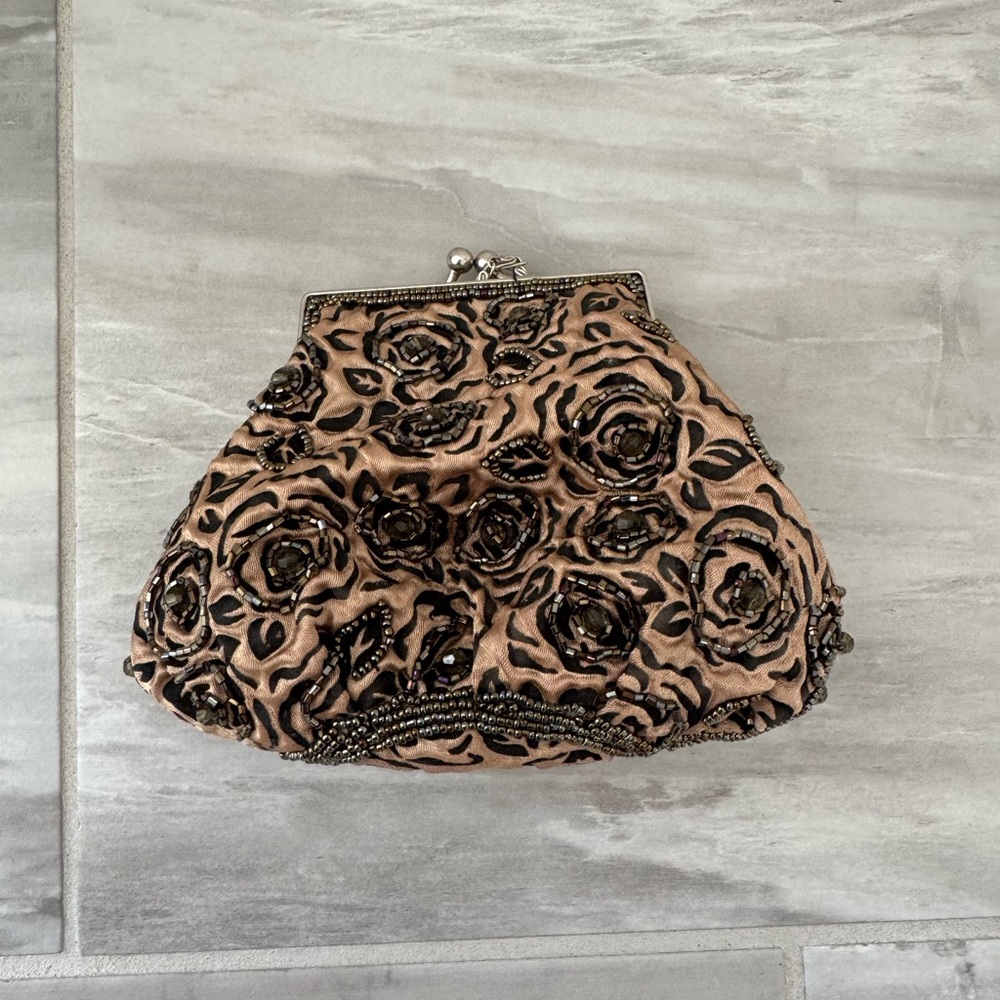 Evening clutch bag/purse. Gold with black beadwork.